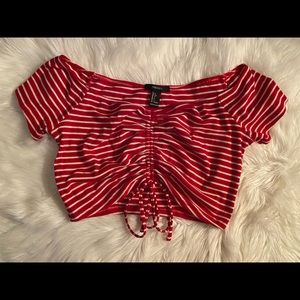 red stripe off the shoulder crop top